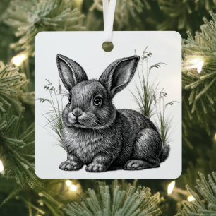 Cute Gray Rabbit Among the Grass Metal Ornament