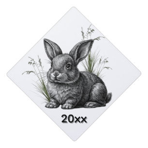 Cute Gray Rabbit Among the Grass with Date Graduation Cap Topper