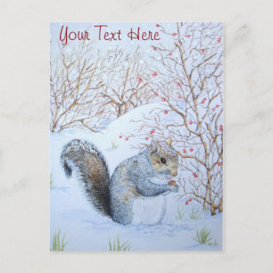 cute gray squirrel snow scene wildlife art postcard