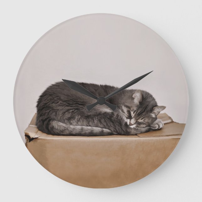 Cute Gray Tabby Cat Sleeping On Box Large Clock (Front)