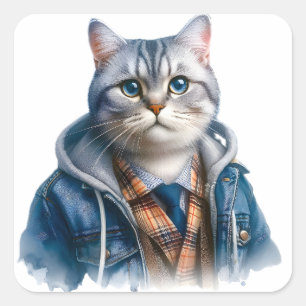 Cute Gray Tabby Cat with Blue Eyes Wearing Hoodie Square Sticker