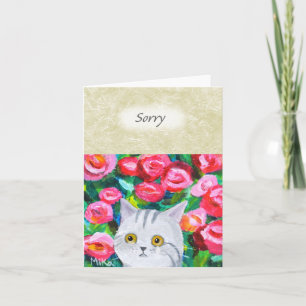 Cute Gray Tabby Cat with Tears Pretty Floral Sorry Card