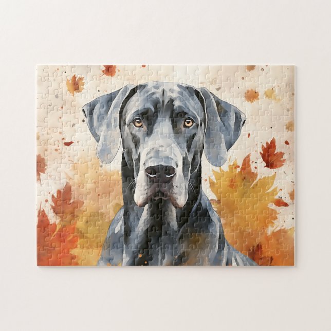 Cute Great Dane Dog/Autumn/Fall Jigsaw Puzzle (Horizontal)