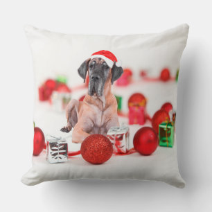 Cute Great Dane  Dog Christmas Santa Hat Throw Pillow