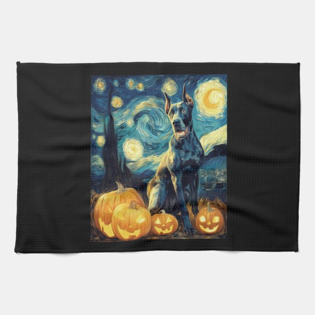 Cute Great Dane Dog Halloween Jack O Lantern Pumpk Kitchen Towel (Horizontal)