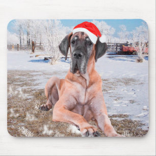 Cute Great Dane Dog Sitting In Snow Christmas Hat Mouse Pad
