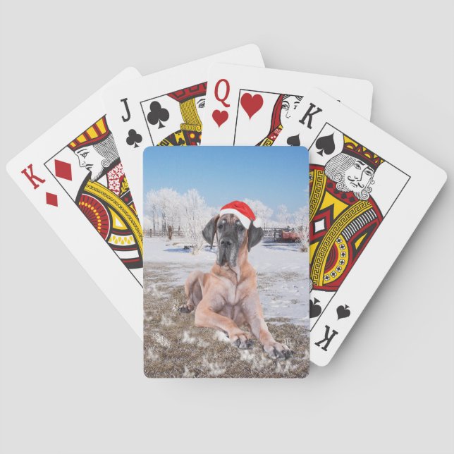 Cute Great Dane Dog Sitting In Snow Christmas Hat Playing Cards (Back)