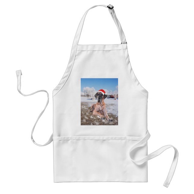 Cute Great Dane Dog Sitting In Snow Christmas Hat Standard Apron (Front)