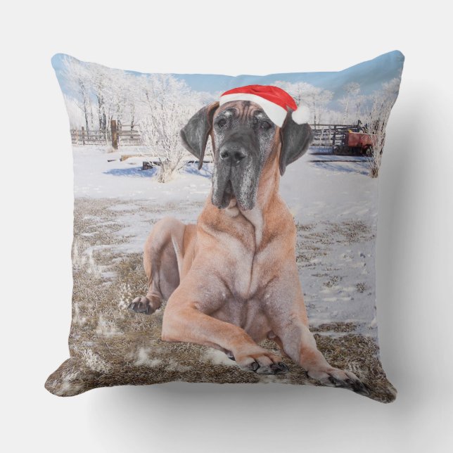 Cute Great Dane Dog Sitting In Snow Christmas Hat Throw Pillow (Front)