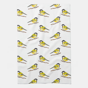 Cute Great Tit Bird Pattern Illustration Kitchen Towel