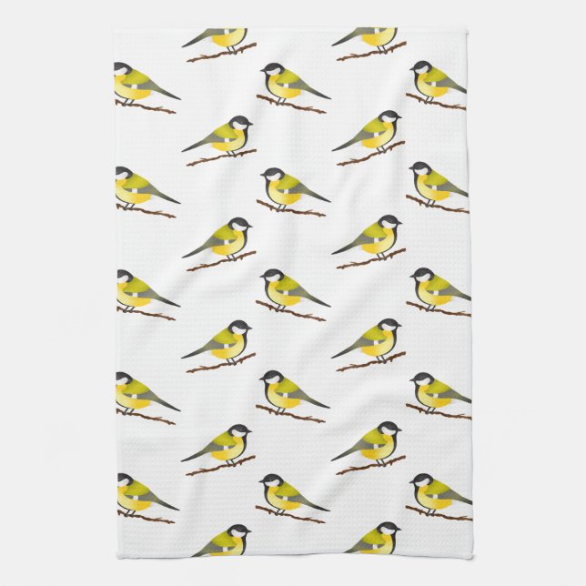 Cute Great Tit Bird Pattern Illustration Kitchen Towel (Vertical)