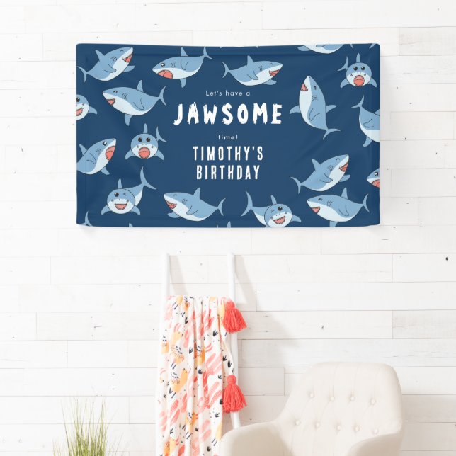 Cute Great White Sharks Ocean Birthday Party Banner (Insitu)