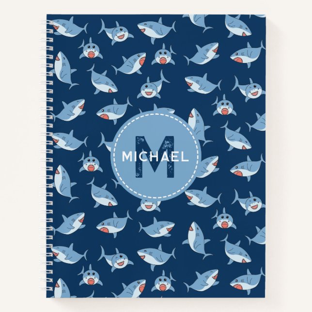 Cute Great White Sharks Ocean Monogram Kids Notebook (Front)