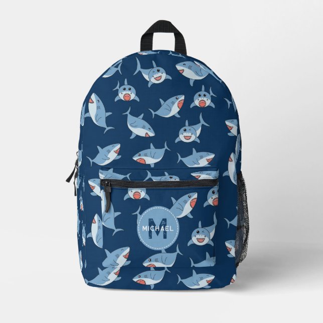 Cute Great White Sharks Ocean Monogram School Printed Backpack (Front)