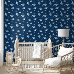 Cute Great White Sharks Ocean Pattern Boys Wallpaper
