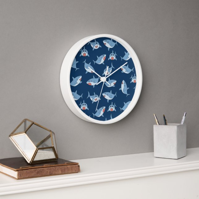 Cute Great White Sharks Ocean Pattern Clock (Office)