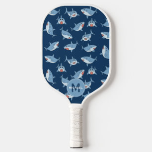Cute Great White Sharks Ocean Pattern Monogram Pickleball Paddle
