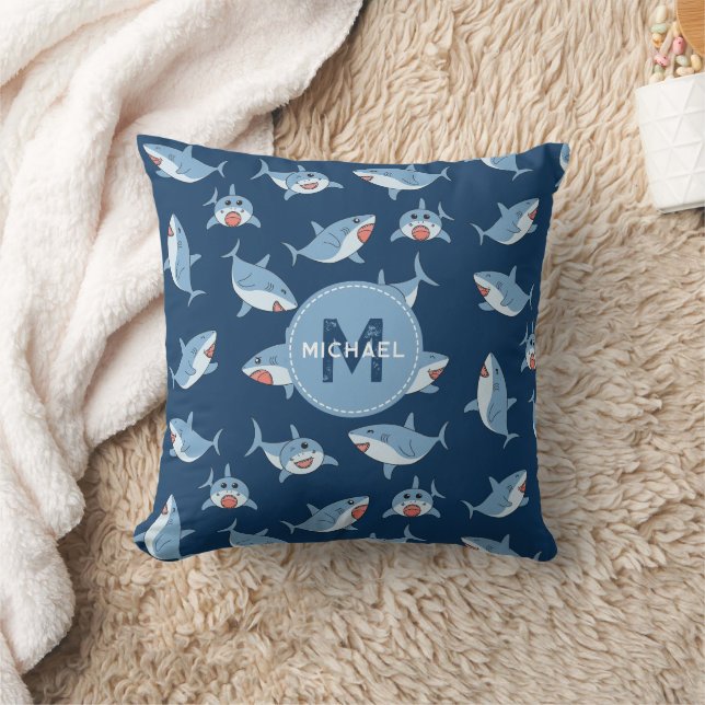 Cute Great White Sharks Ocean Pattern Monogram Throw Pillow (Blanket)