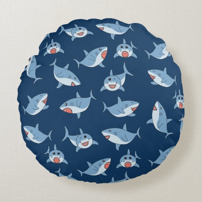 Cute Great White Sharks Ocean Pattern Round Pillow (Front)