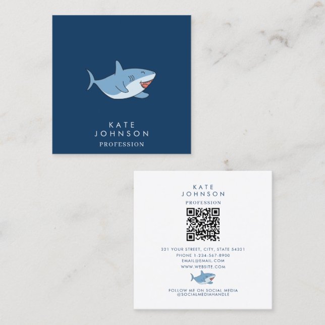 Cute Great White Sharks Ocean QR Code Square Business Card (Front/Back)