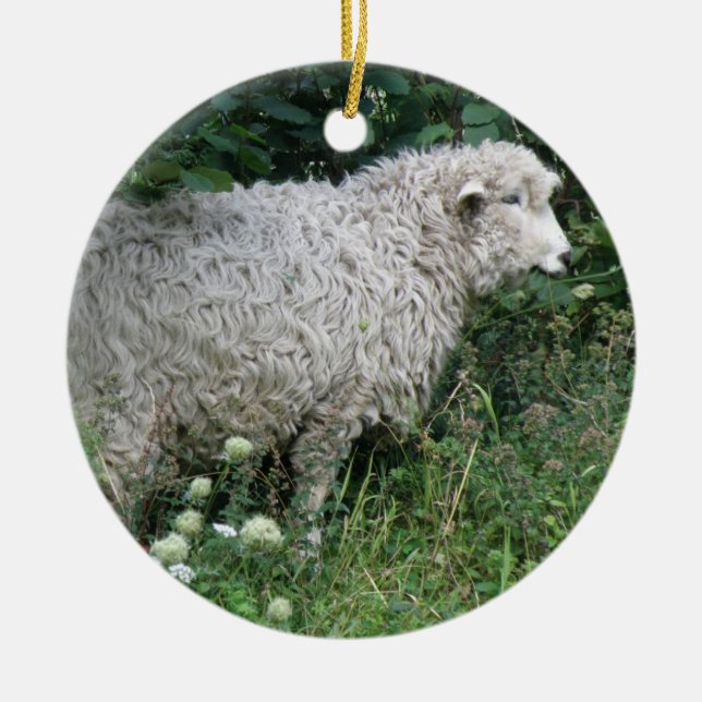 Cute Greedy Sheep Eating Ceramic Ornament (Front)