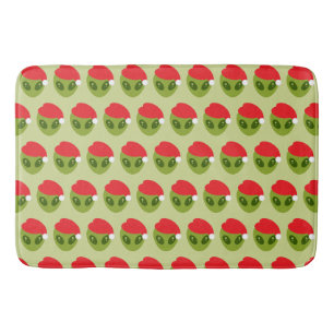 Cute Green Alien in Santa Hat Pattern Bath Mat