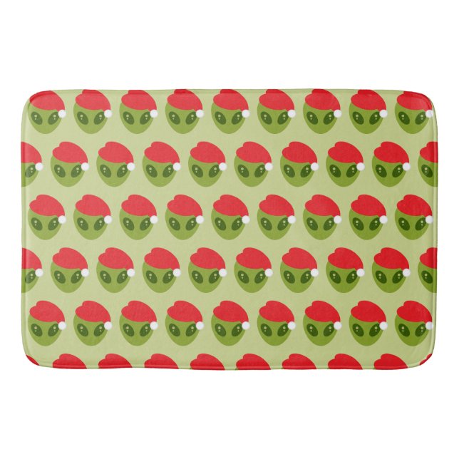 Cute Green Alien in Santa Hat Pattern Bath Mat (Front)