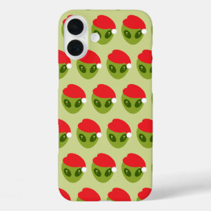 Cute Green Alien in Santa Hat Pattern iPhone 16 Plus Case