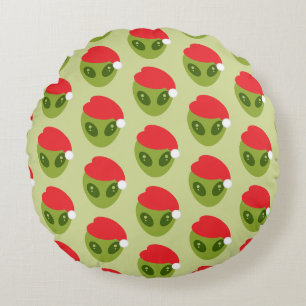 Cute Green Alien in Santa Hat Pattern Round Pillow