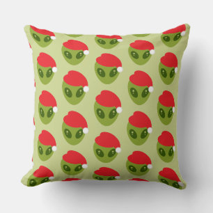 Cute Green Alien in Santa Hat Pattern Throw Pillow