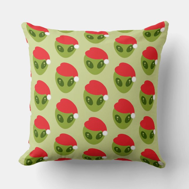 Cute Green Alien in Santa Hat Pattern Throw Pillow (Front)