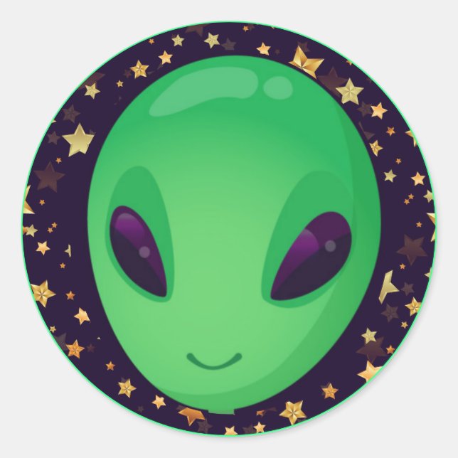 Cute Green Alien On Gold Stars Fun Classic Round Sticker (Front)
