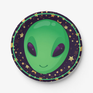 Cute Green Alien On Gold Stars Fun Paper Plate