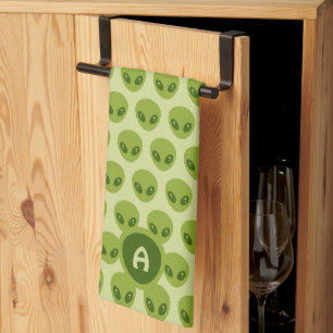 Cute Green Alien Pattern Monogram Kitchen Towel