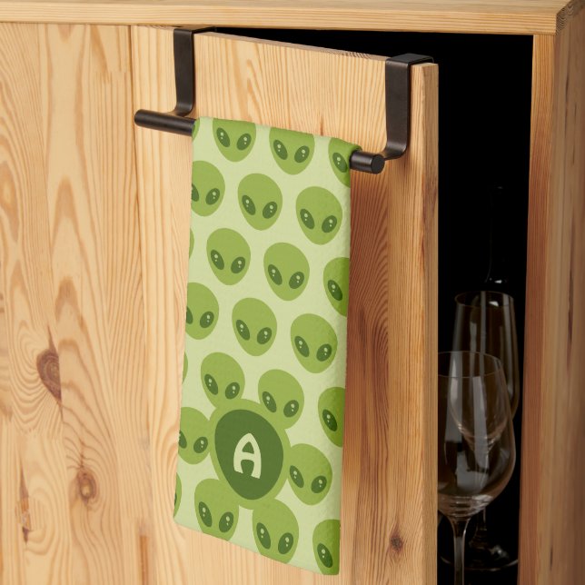 Cute Green Alien Pattern Monogram Kitchen Towel (Thirds Fold)