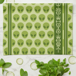 Cute Green Alien Pattern with Your Name in Glyphs Kitchen Towel