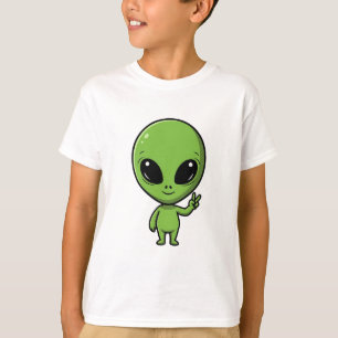 Cute Green Alien Peace Sign Kids T-Shirt