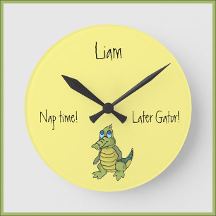 Cute Green Alligator Round Clock
