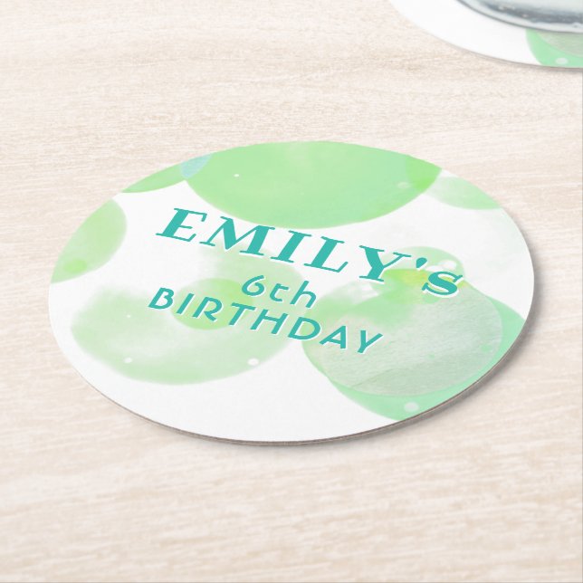 Cute Green and Blue Bubbles Birthday Party Round Paper Coaster (Angled)