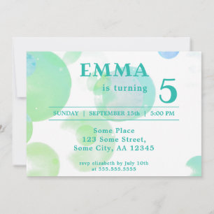 Cute Green and Blue Bubbles Kids Birthday Party Invitation