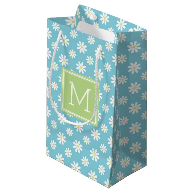 Cute Green and Blue Daisies Pattern Personalized Small Gift Bag (Front Angled)