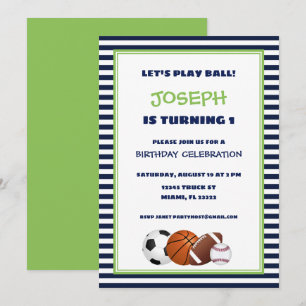 Cute Green and Blue Sports Striped Birthday Invitation