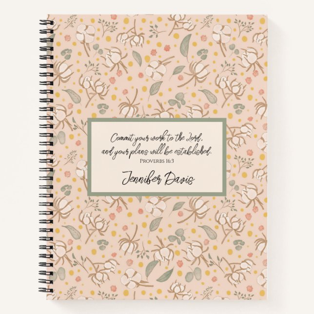 Cute Green and Pink Illustrated Botanicals Cotton Notebook (Front)