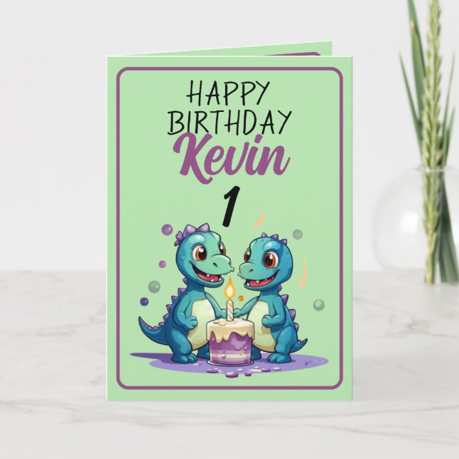 Cute Green and Purple Dinosaurs Boy 1st Birthday Card (Front)