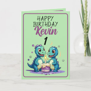 Cute Green and Purple Dinosaurs Boy 1st Birthday Card