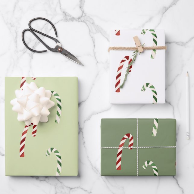 Cute Green and Red Candy Canes Christmas Holiday Wrapping Paper Sheet (Front)
