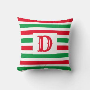 Cute Green and Red Striped Design Single Initial Throw Pillow