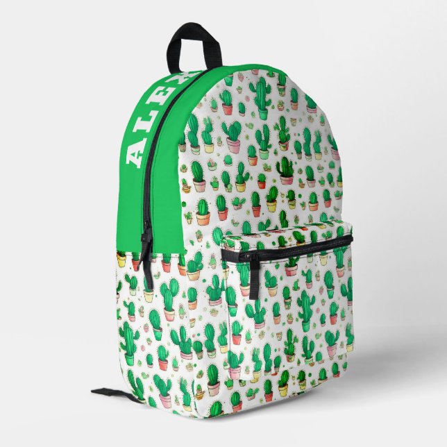 Cute Green And Whiite Cactus Watercolor Pattern Printed Backpack (Back Corner Left)