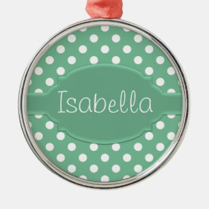 Cute Green and White Polka Dot Pattern & Nameplate Metal Ornament