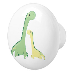 Cute Green and Yellow Brontosaurus Dinosaurs Ceramic Knob